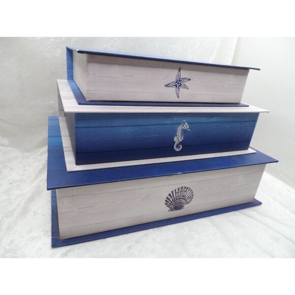 Nautical-Themed Nesting Storage Boxes Set Of 3 Starfish Seahorse Shell Decor - Picture 2 of 10